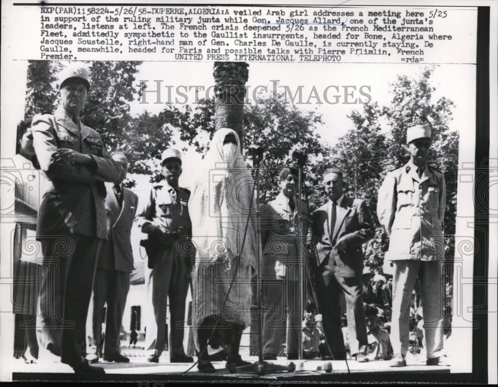 1958 Press Photo Veiled Arab girl addresses meeting in support of junta - Historic Images