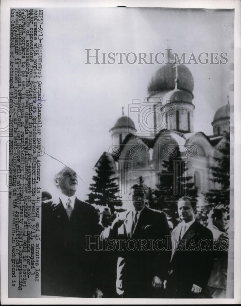 1955 Press Photo German Chancellor Konrad Adenaur meets with Soviet leaders - Historic Images