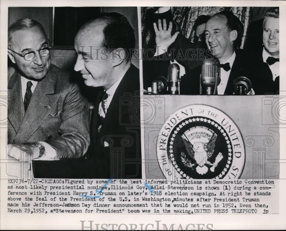 1952 Press Photo Pres.Harry Truman and Gov.Adlai Stevenson at Democratic Party - Historic Images