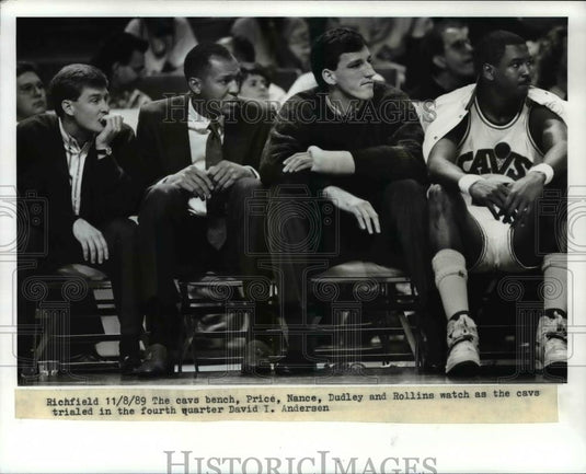 1989 Press Photo  Cavs bench, Price, Nance, Dudley and Rollins - cvb64255 - Historic Images