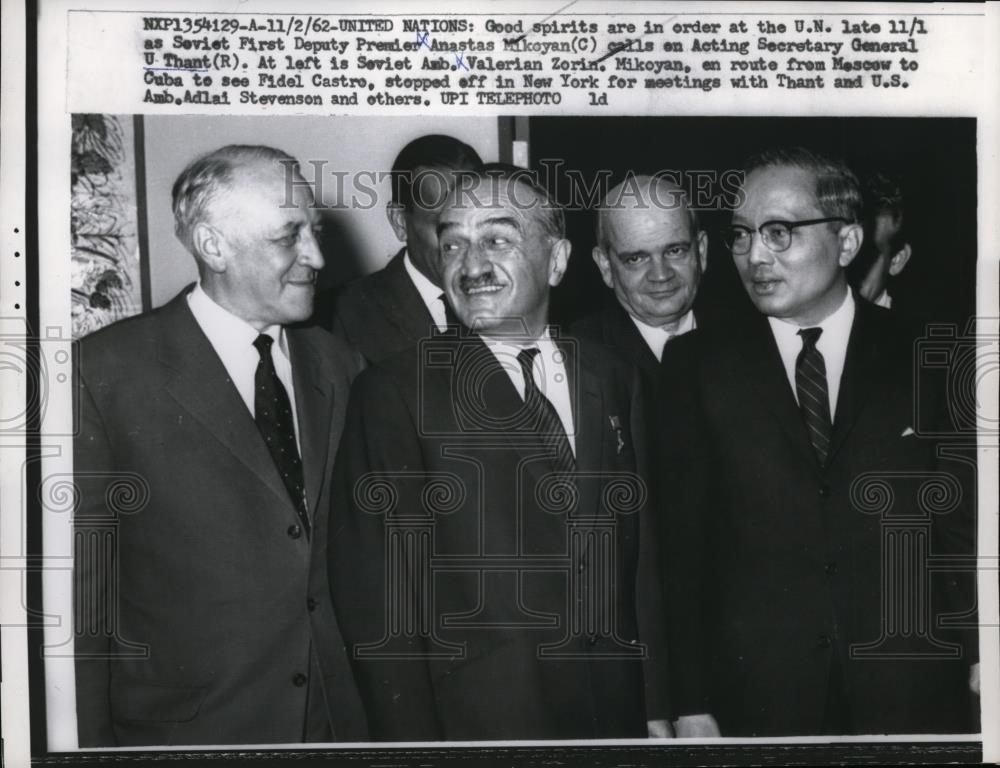 1962 Press Photo Anastas Mikoyan, Genera; Thant, And Valerian Zorin Mikoyan - Historic Images