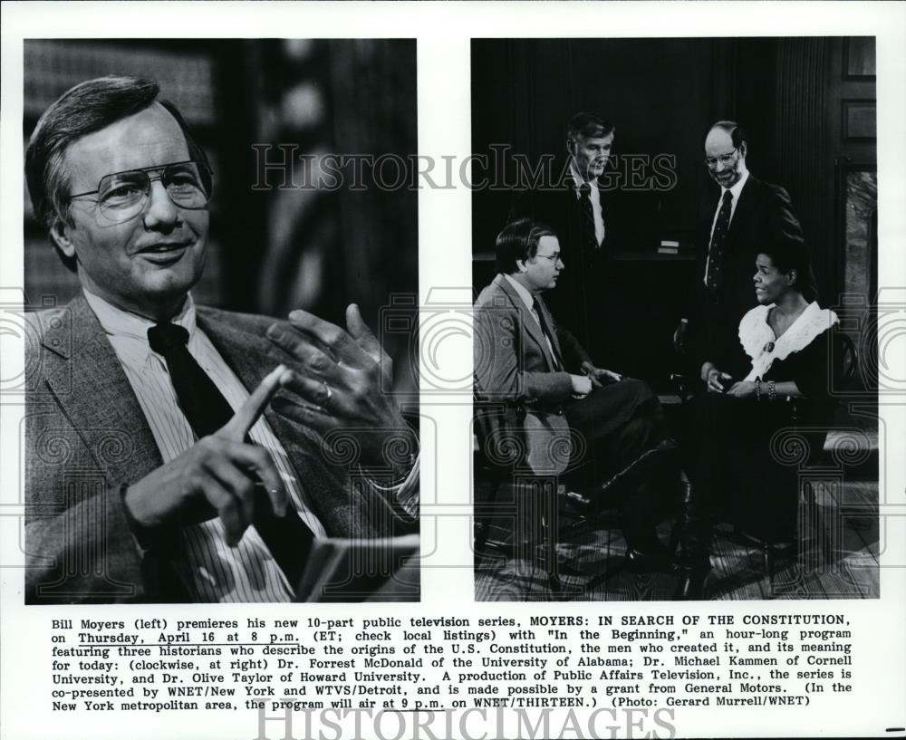 1987 Press Photo Host Bill Moyers with Dr Forrest McDonald, Dr Michael Kammen - Historic Images