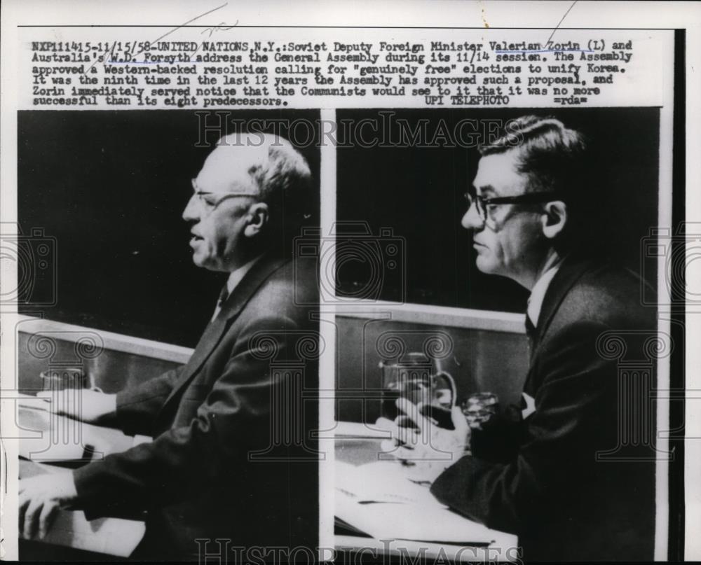 1958 Press Photo Soviet Deputy Foreign Minister Valerian Zorin & WD Forsyth - Historic Images