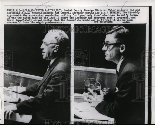 1958 Press Photo Soviet Deputy Foreign Minister Valerian Zorin & WD Forsyth - Historic Images