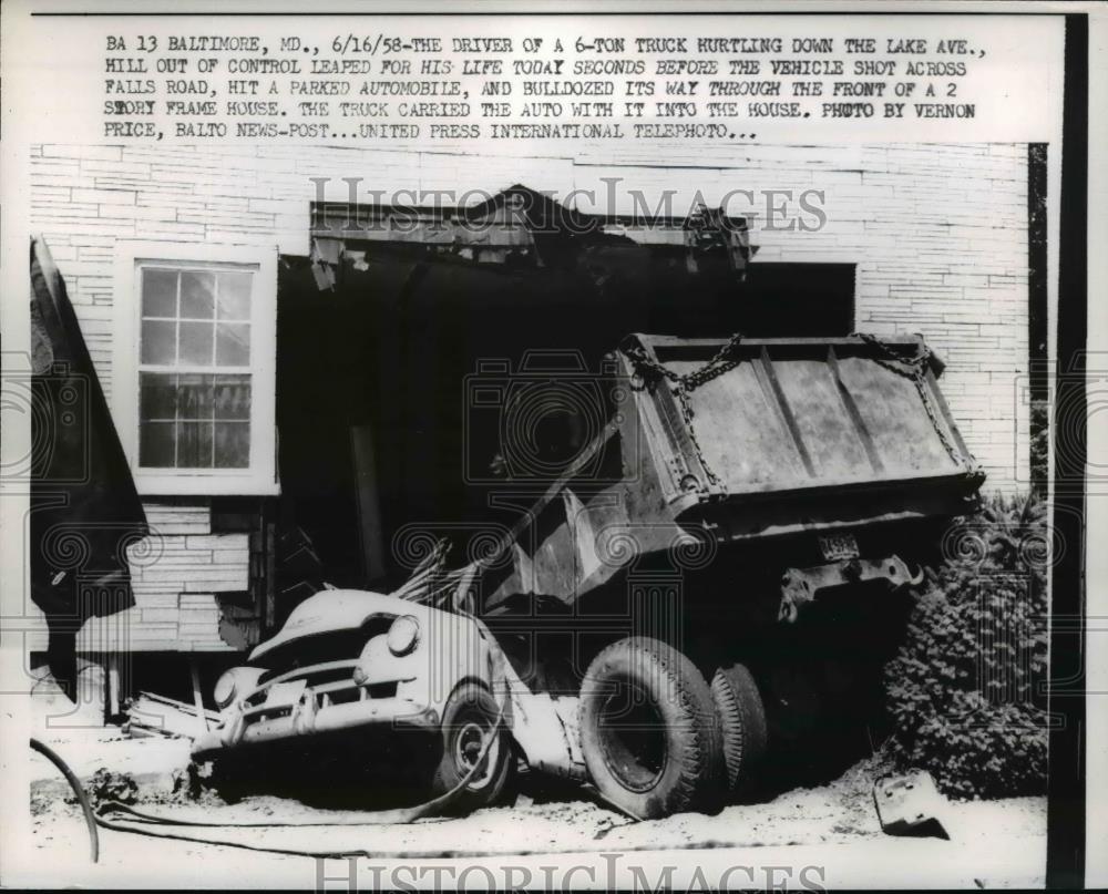 1958 Press Photo Out of control dump truck crashed into parked car - nee93554 - Historic Images