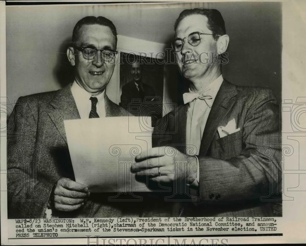 1952 Press Photo Union Endorses Stevenson-Sparkman Tickect In November Election - Historic Images