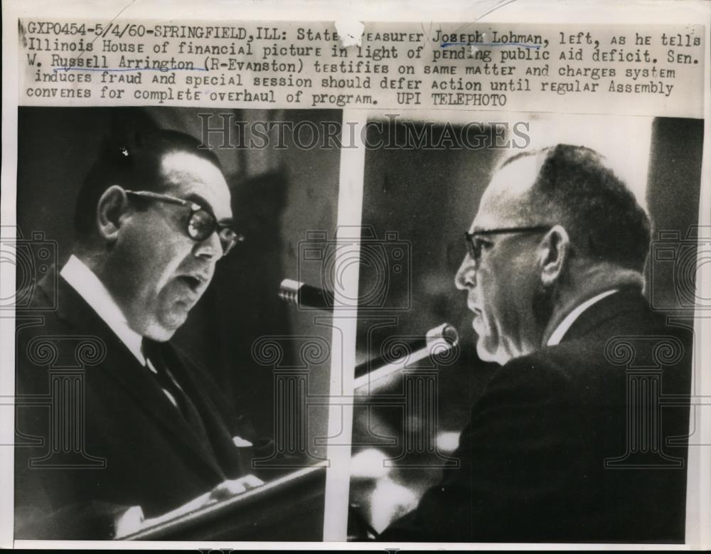 1960 Press Photo State Treasurer Joseph Lohman and Sen.W.Russell Arrington - Historic Images