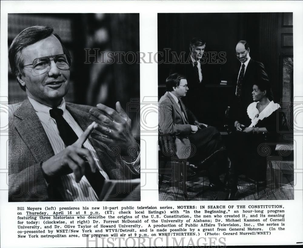 1987 Press Photo Host Bill Moyer with Dr Forrest McDonald, Dr Michael Kammen - Historic Images
