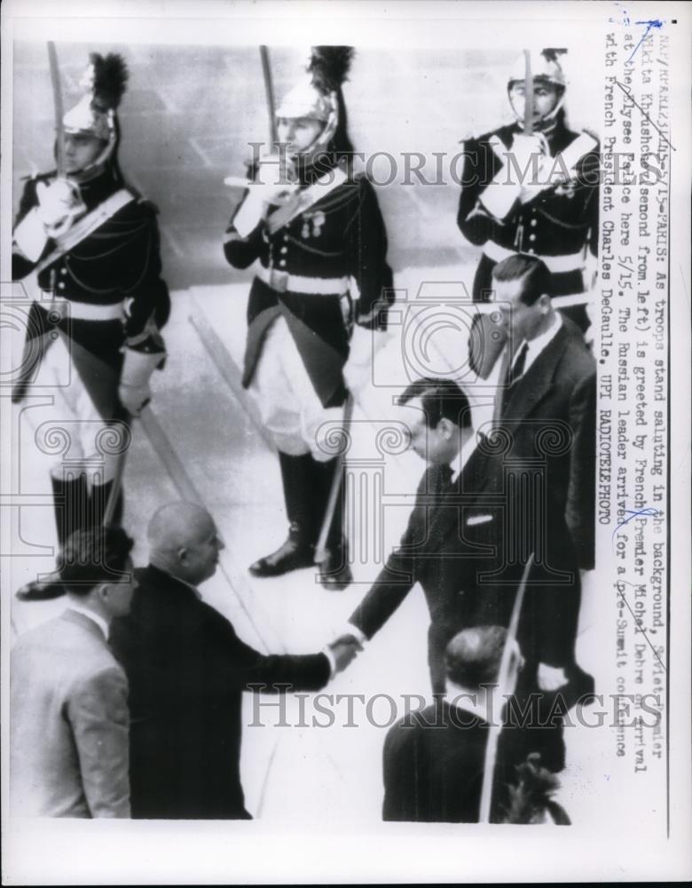 1960 Press Photo Soviet Premier Nikita Khrushchev greeted by French Premier - Historic Images