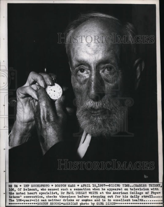 1957 Press Photo Charles Thiery checks timepiece before going on daily walk - Historic Images