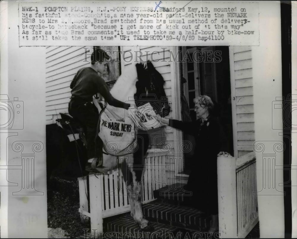 1959 Press Photo Bradford Kay Delivers Newspapers on Horseback - nef01870 - Historic Images