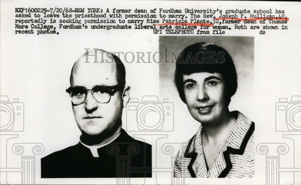 1968 Press Photo Rev Joseph Mulligan seeks permission to marry Patricia Plante - Historic Images