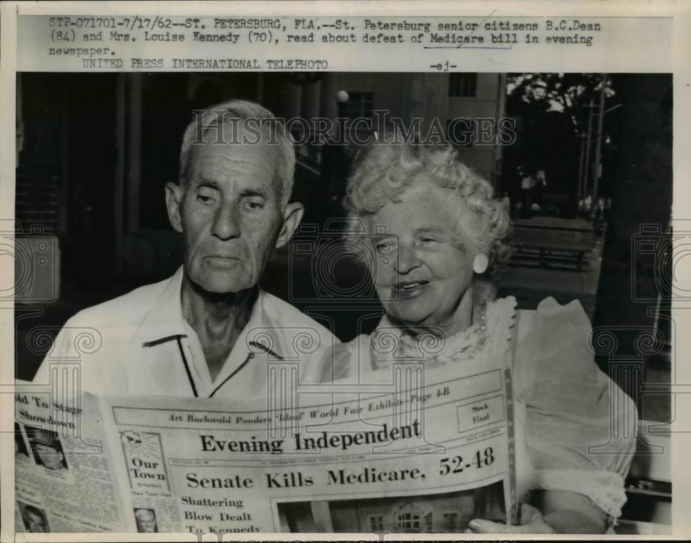 1962 Press Photo BC Dean &amp; Louise Kennedy read about defeat of Medicare bill - Historic Images