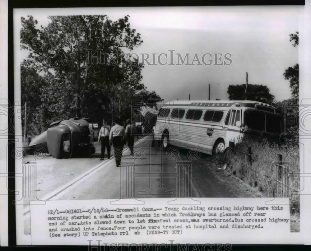 1956 Press Photo Trailways Bus and Auto accidents in Crownell Conn - nee96097 - Historic Images