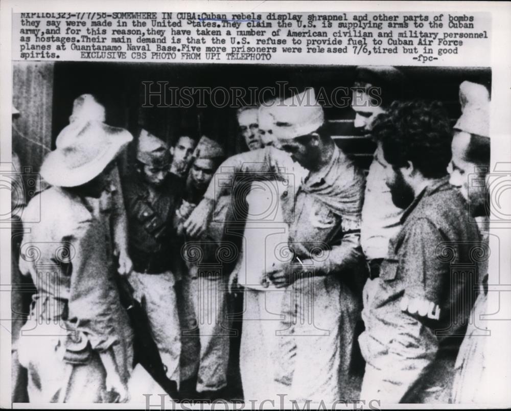 1958 Press Photo Cuban rebels display bomb parts they say were made in the US - Historic Images