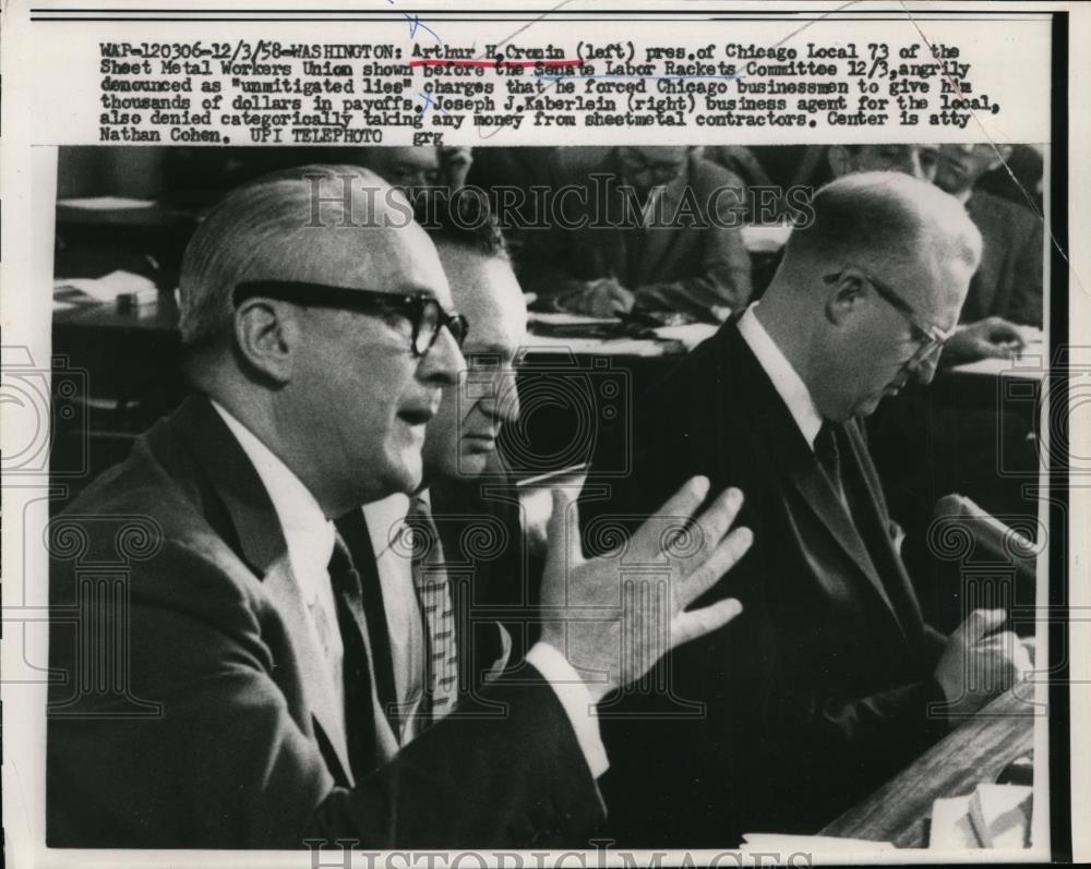 1958 Press Photo Arthur Cronin Before The Senate Labor Rockets Committee - Historic Images