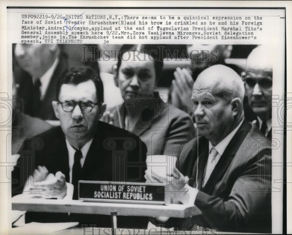 1960 Press Photo Soviet Premier Khrushchev listens to speech given by Tito - Historic Images