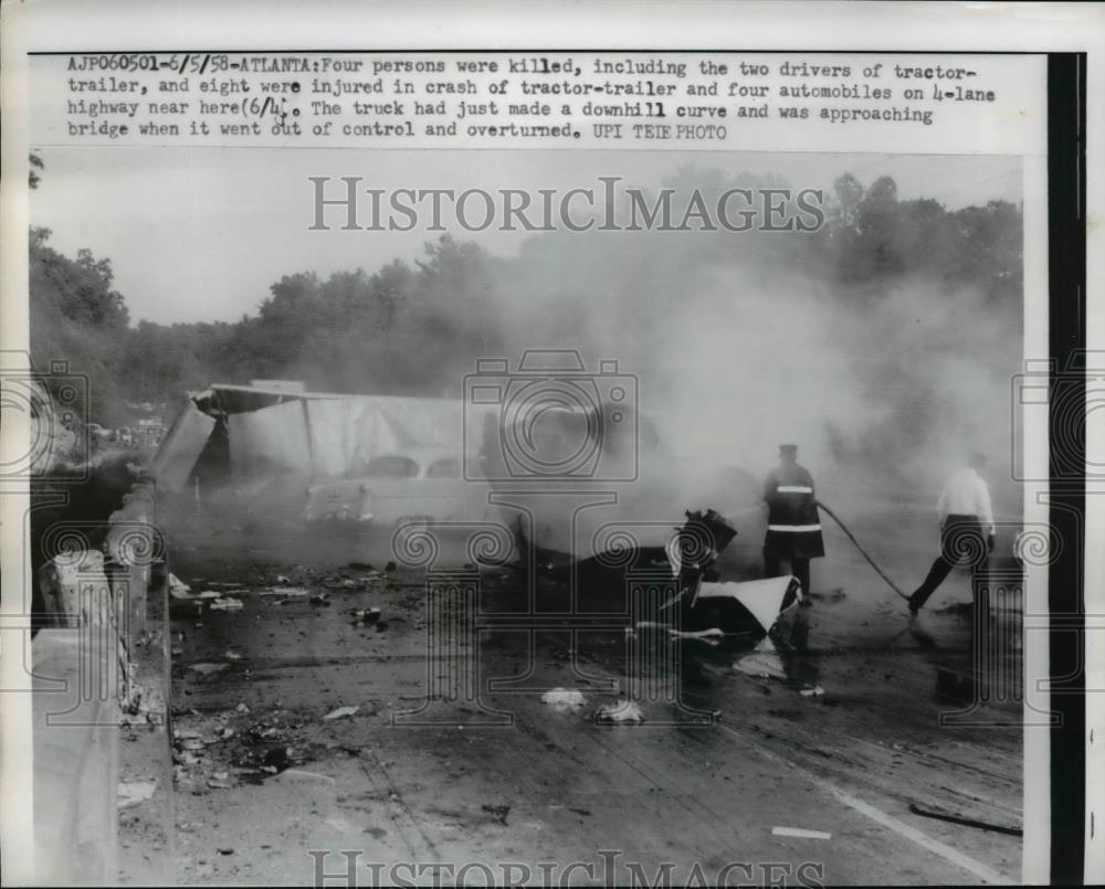 1958 Press Photo Four killed and eight injured in crash of tractor trailer &amp; car - Historic Images