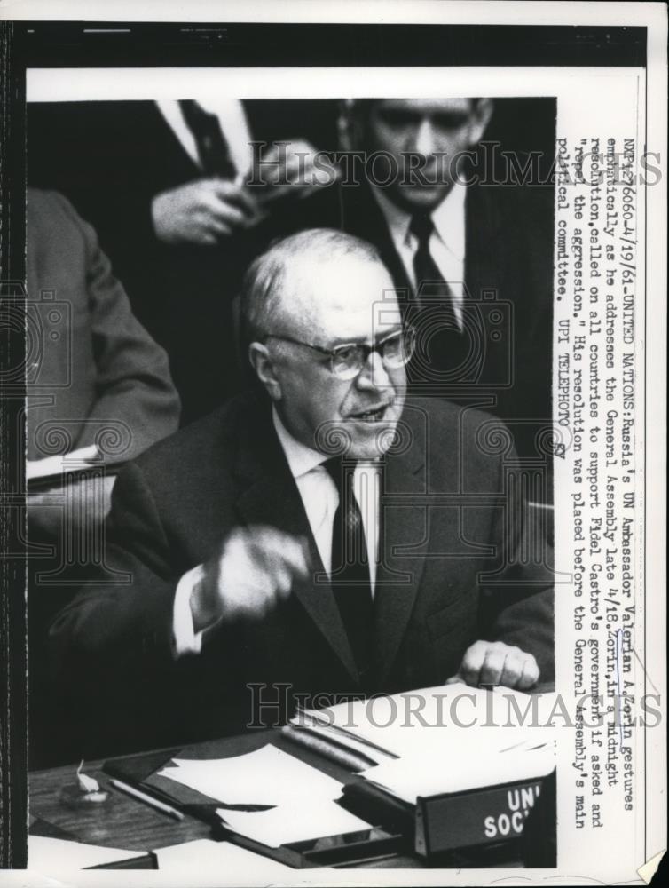 1961 Press Photo Soviet UN Ambassador Valerian Zorin addresses General Assembly - Historic Images