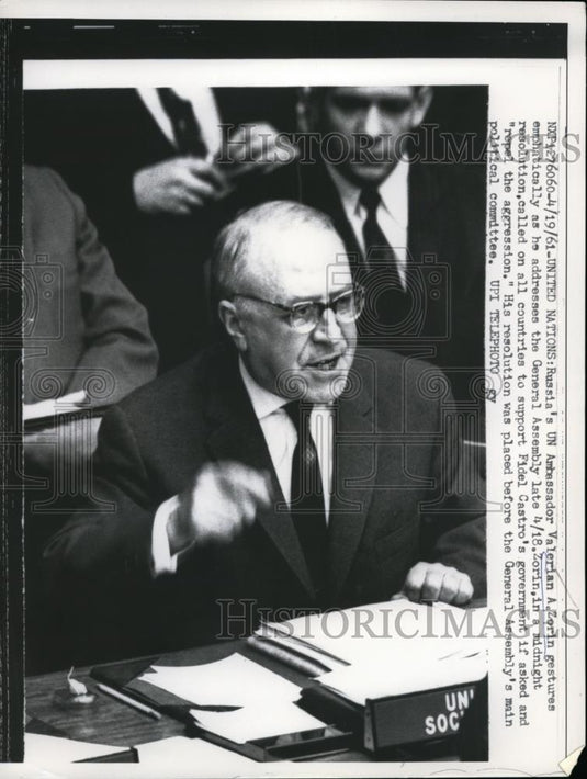 1961 Press Photo Soviet UN Ambassador Valerian Zorin addresses General Assembly - Historic Images