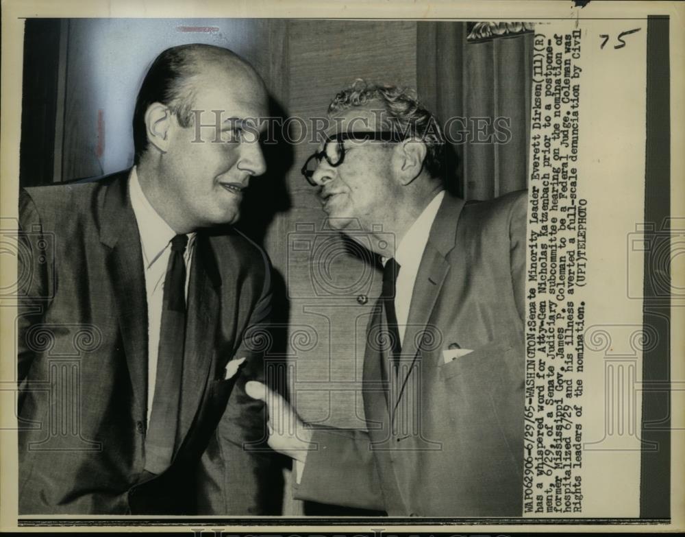 1965 Press Photo Senate Majority Leader Everett Dirksen talks with Katzenbach - Historic Images