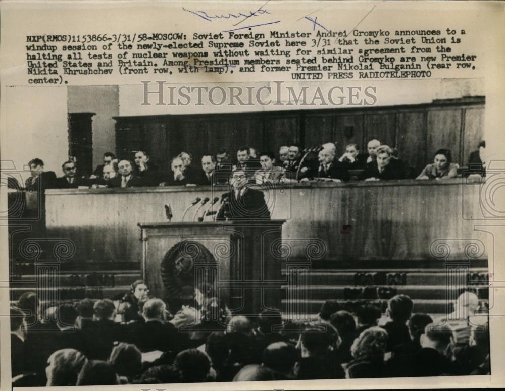 1958 Press Photo Soviet Foreign Minister Andrei Gromyko Delivering His Speech - Historic Images