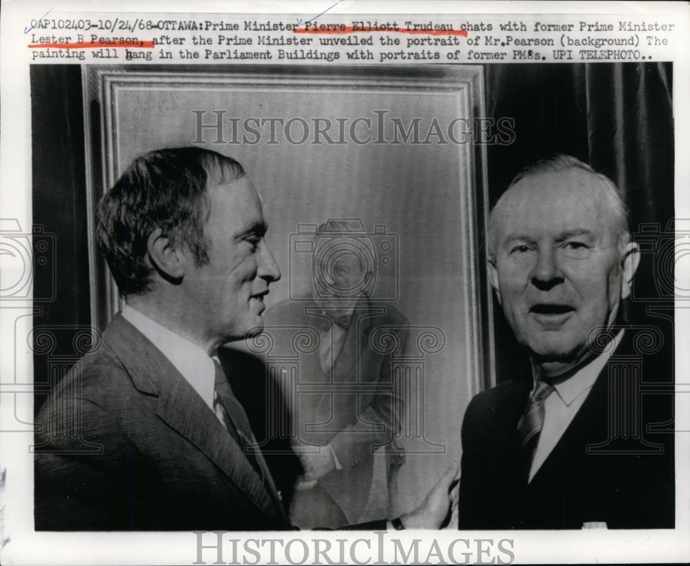 1968 Press Photo Prime Minister Pierre Elliott Trudeau talks with former PM - Historic Images