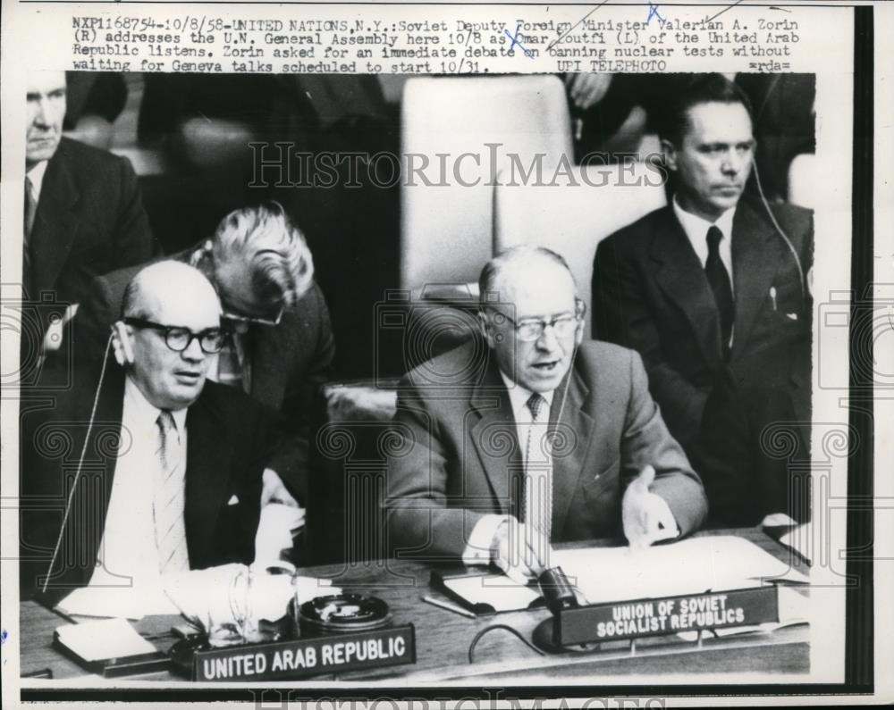 1958 Press Photo Soviet Deputy Foreign Minister Valerian Zorin addresses UN - Historic Images