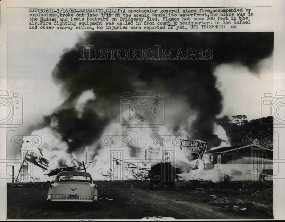 1960 Press Photo Explosion and fire on waterfront in Sausalito CA - nef01516 - Historic Images