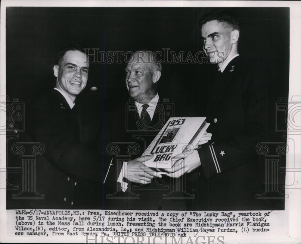 1953 Press Photo Pres. Eisenhower Receives The Lucky Bag - nee93625 - Historic Images