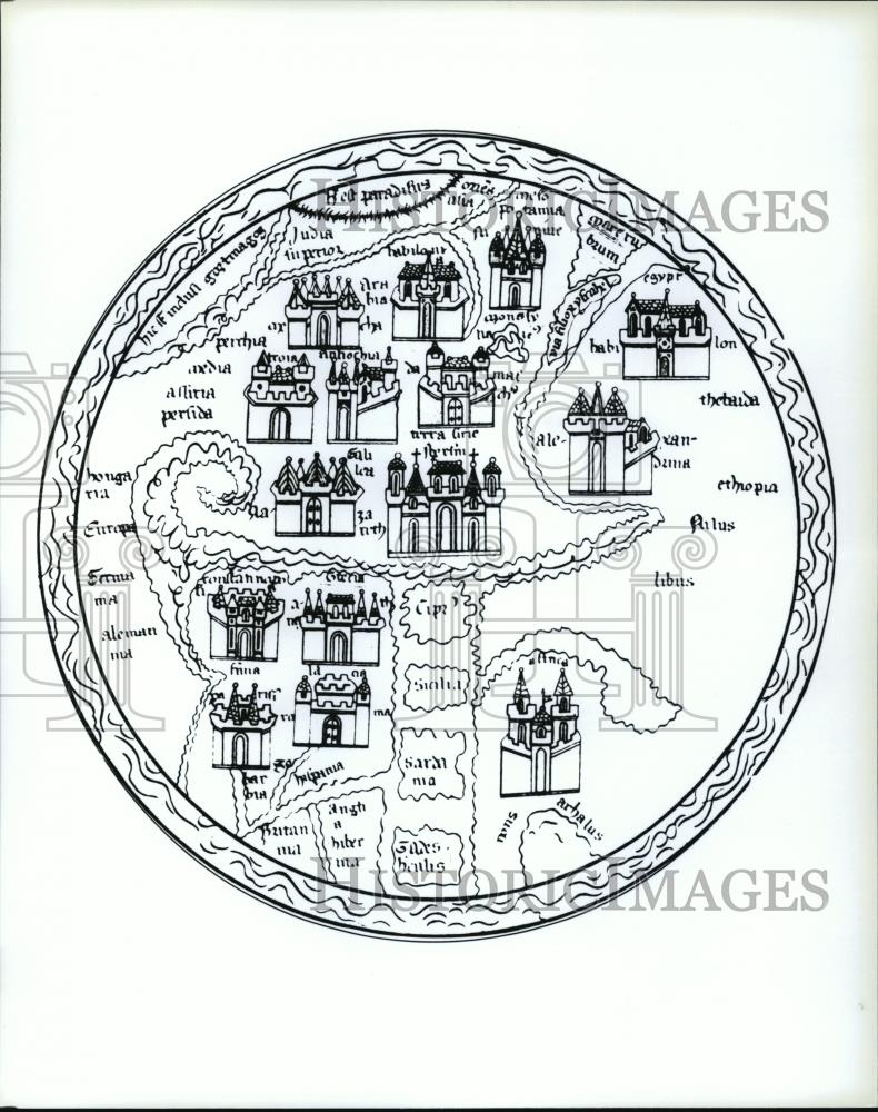 1991 Press Photo Medieval map, The World In 1300 on &quot;The Shape of the World.&quot; - Historic Images