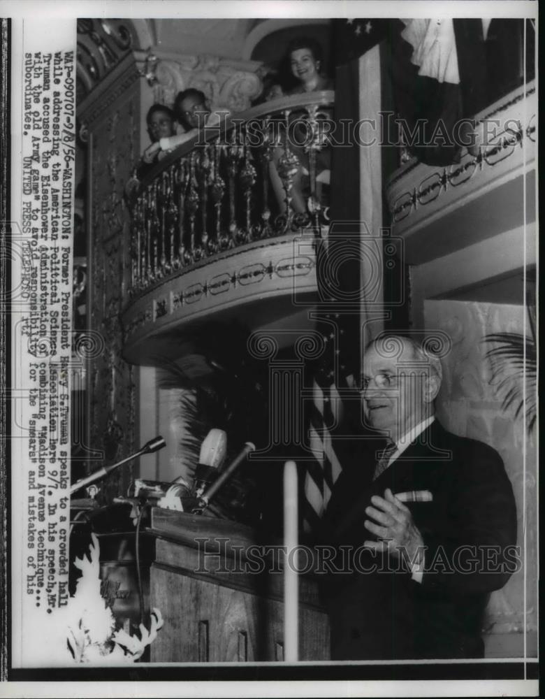 1956 Press Photo Pres.Harry Truman speaks to America Political Science Assn - Historic Images