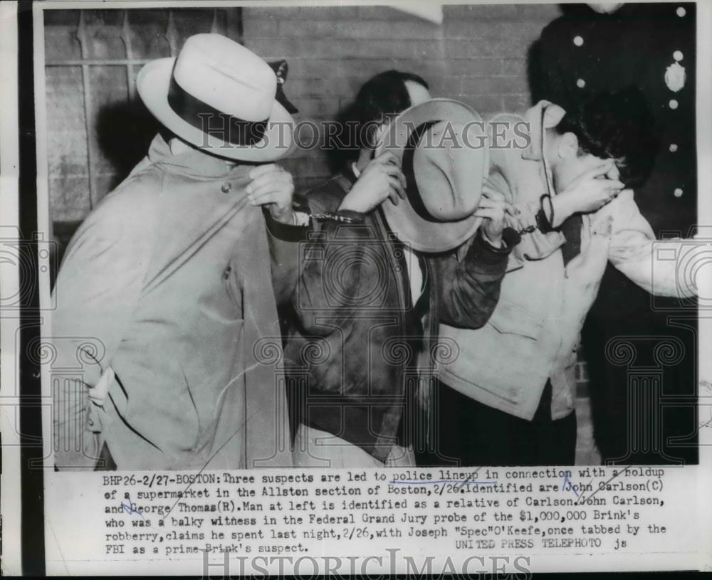 1954 Press Photo Holdup Suspects Led to Police Lineup, Boston - nef02628 - Historic Images