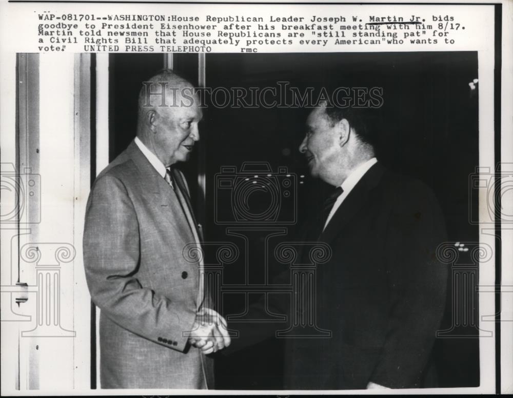 1957 Press Photo Pres.Dwight Eisenhower bids farewell to Joseph W. Martin Jr - Historic Images