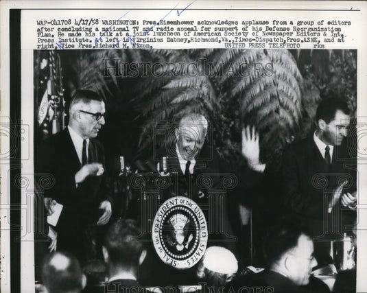 1958 Press Photo President Dwight D. Eisenhower at TV/Radio Support Appeal - Historic Images