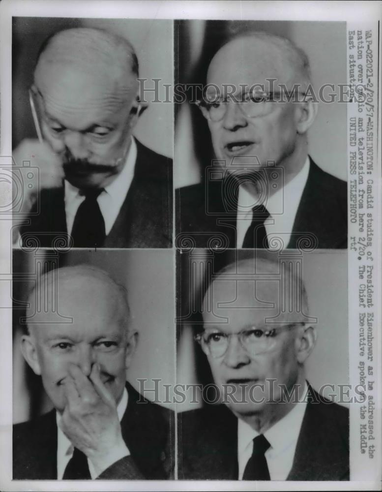 1957 Press Photo Candid photos of Pres. Dwight Eisenhower during TV addressed - Historic Images