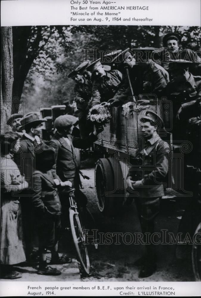 1914 Press Photo French People Greet Member of B.E.F. Arrive France - spp01308 - Historic Images