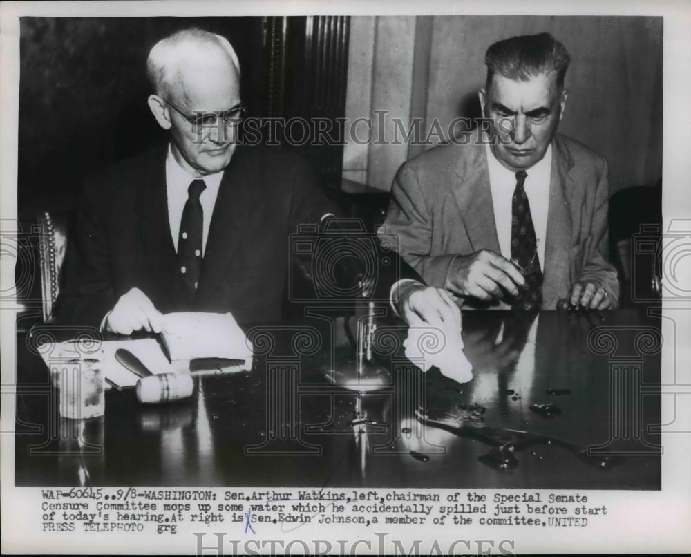 1954 Press Photo Sen.Arthur Watkins and Sen Edwin Johnson at Senate hearing - Historic Images