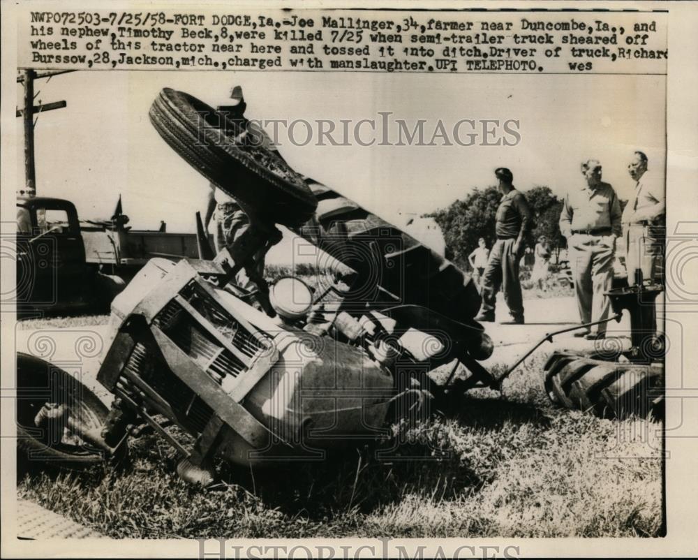 1958 Press Photo Two Were Killed After The Tractor Sheared Off Wheels - Historic Images