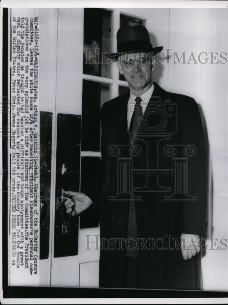 1954 Press Photo Sen.Arthur V.Watkins of Utah leaves the White House - Historic Images