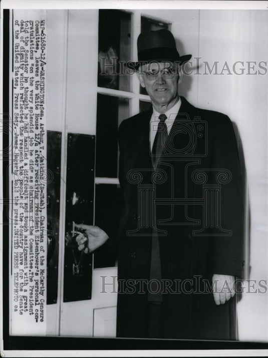 1954 Press Photo Sen.Arthur V.Watkins of Utah leaves the White House - Historic Images