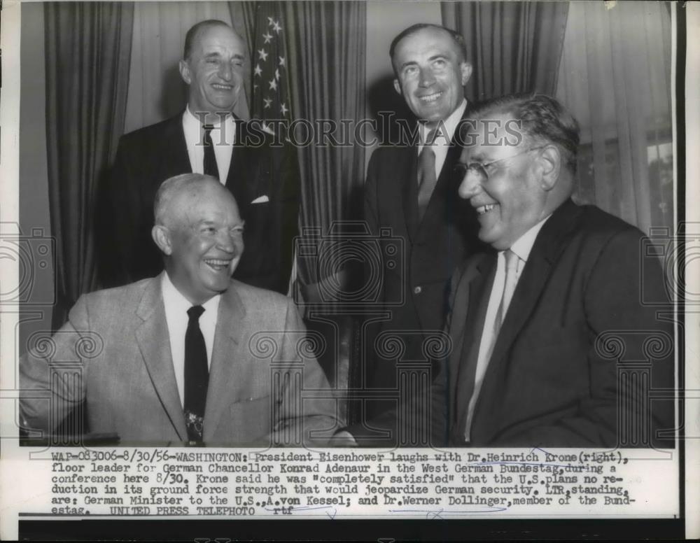 1956 Press Photo Pres.Eisenhower with Dr.Heinrich Krone and Konrad Adenaur - Historic Images