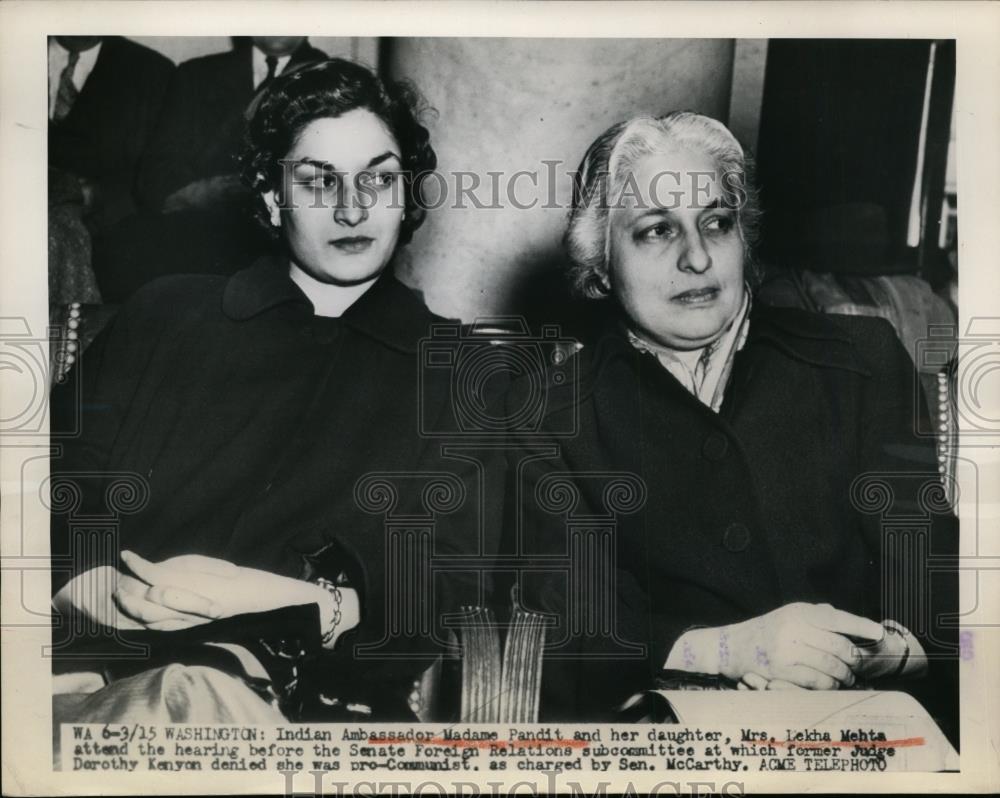 1950 Press Photo Indian Amb. Madame Pandit and Daughter Mrs.Lekha Mehta - Historic Images