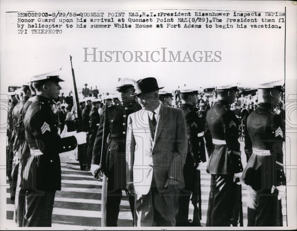 1958 Press Photo President Dwight D. Eisenhower Inspects Marine Honor Guard - Historic Images