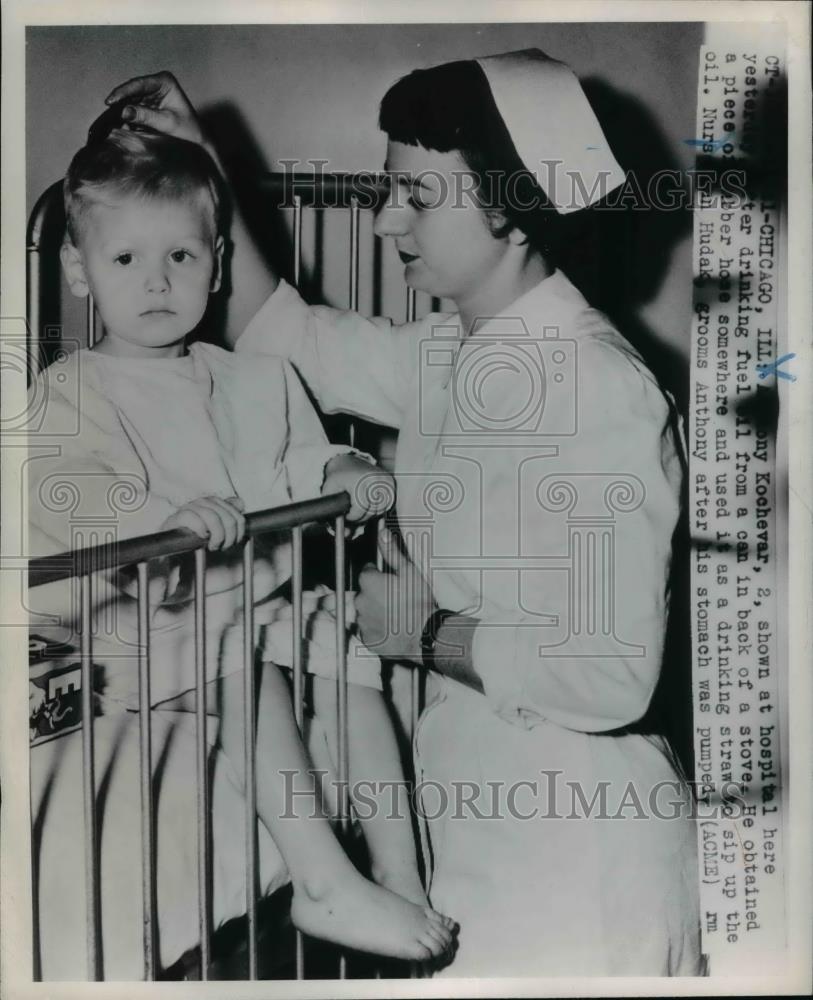 1950 Press Photo Anthony Kochevar at the Hosp. after he drink fuel from can - Historic Images