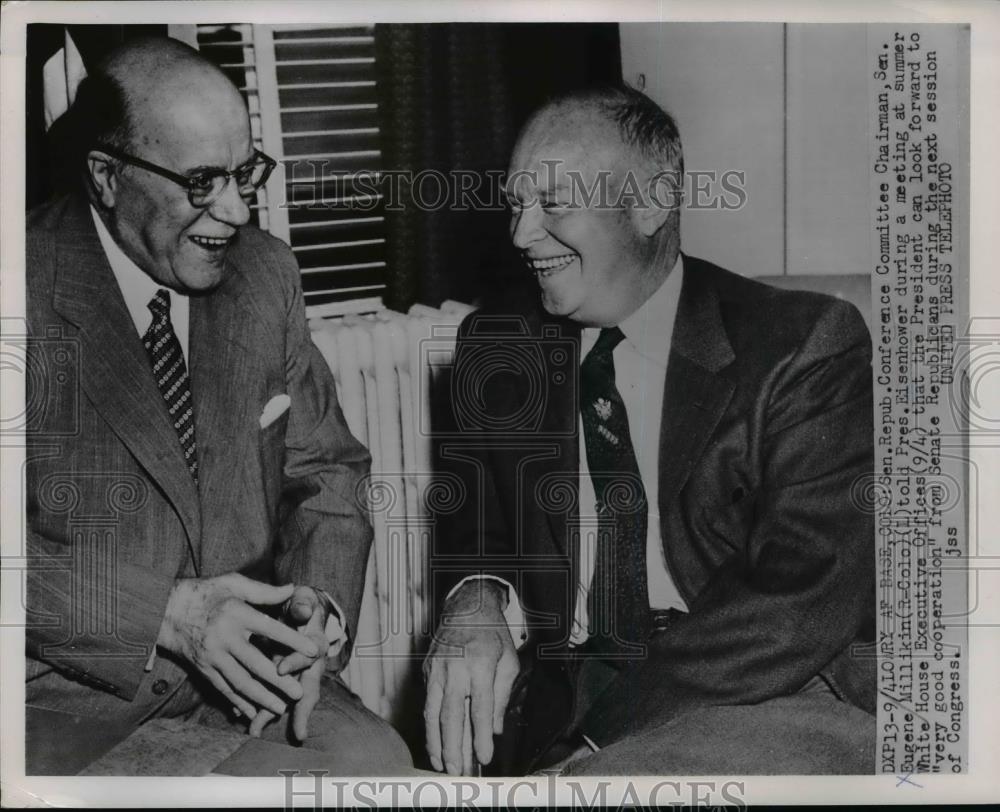 1953 Press Photo Pres.Dwight Eisenhower and Sen. Eugene Millikin during meeting - Historic Images