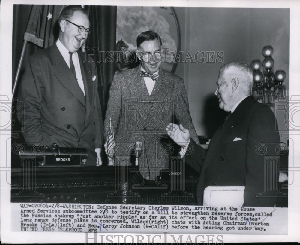 1955 Press Photo Defense Secy Charles Wilson, Overton  Brooks,Rep.Leroy Johnson - Historic Images