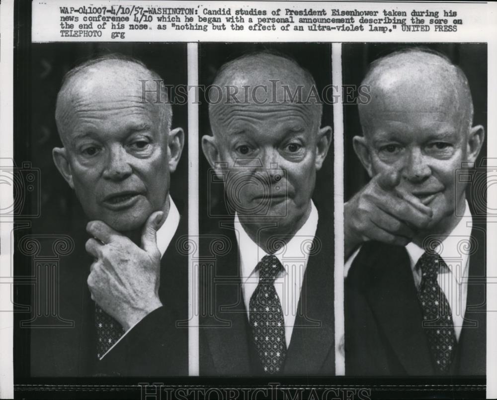 1957 Press Photo President Dwight D. Eisenhower During News Conference - Historic Images