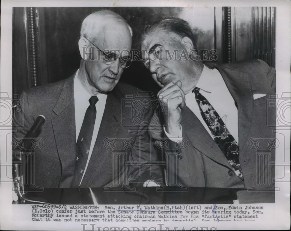 1954 Press Photo Sen. Arthur  V. Watkins and Sen.Edwin Johnson at Senate Hearing - Historic Images