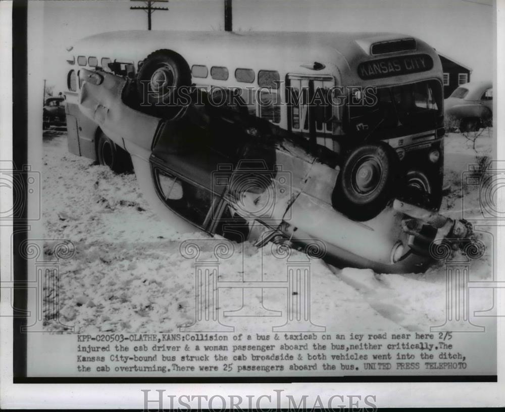 1955 Press Photo Collision Of A Bus And A Taxi Cab On An Icy Road - nee96057 - Historic Images